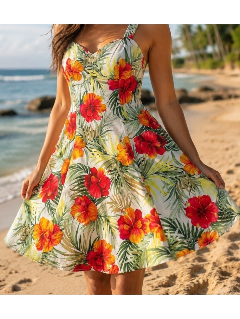 Two Palms Women's Big Hibiscus Empire Princess Flare Dress